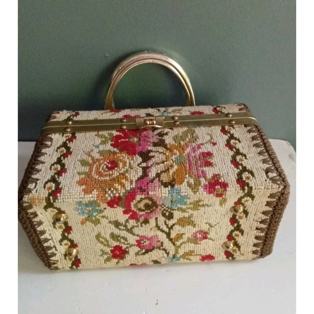 Vintage Floral Tapestry Box Handbag Purse Top Handle Unique Cottagecore Bag‎